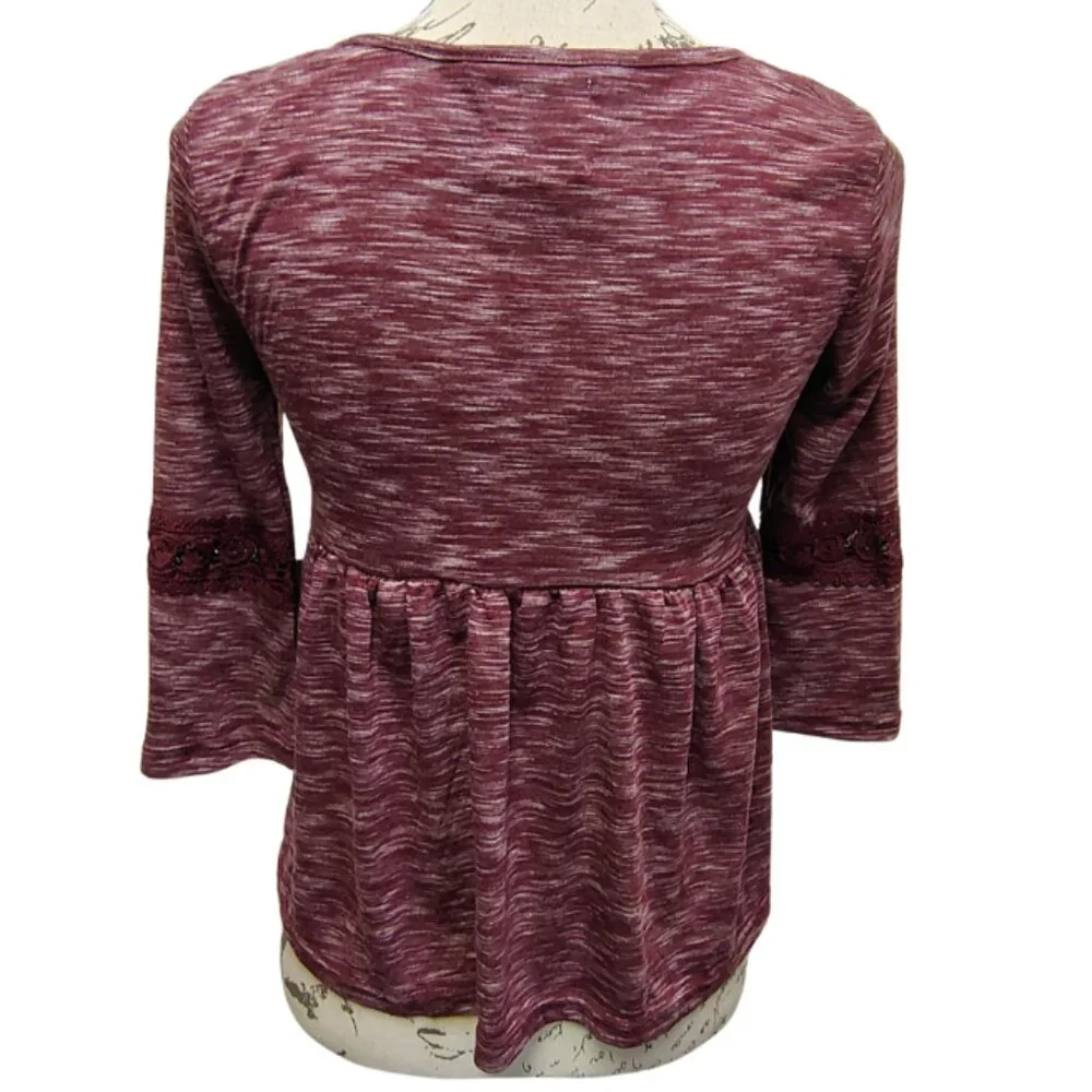 Womens Burgundy Embroidered Peasant Top‎ M Crochet 3/4 Flare Sleeve Boho Fall